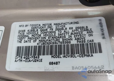 2003 Toyota Camry Le z USA, uszkodzony, nr VIN 4T1BE32K93U765386